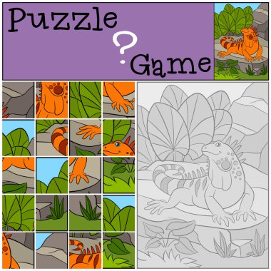 Eğitim oyun: Puzzle. Küçük şirin iguana kayanın üzerinde oturur.