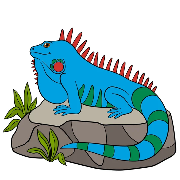 Cartoon animals. Cute blue iguana smiles. — Stock Vector