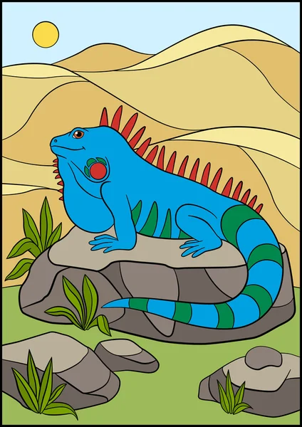Cartoon animals. Cute blue iguana sits on the rock. — Stock Vector