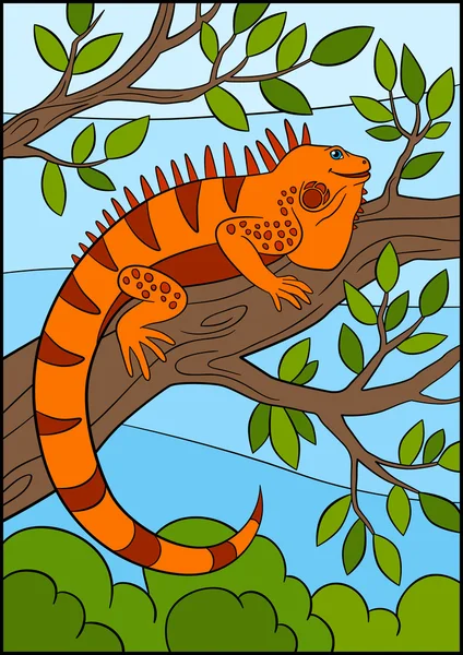 Cartoon animals. Cute orange iguana sits on the tree branch. — Stock vektor