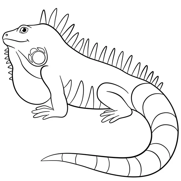 Coloring pages. Cute iguana smiles. — Stock vektor