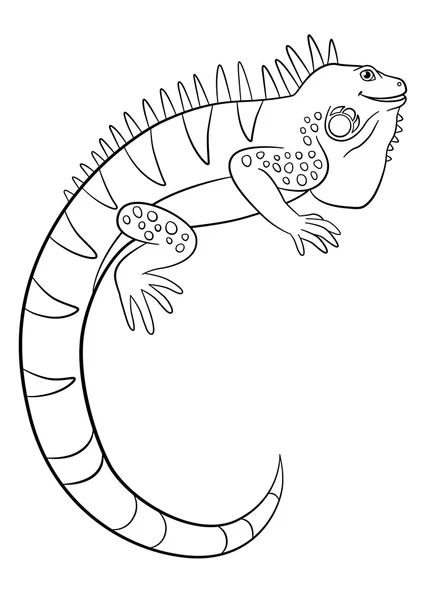 Coloring pages. Cute iguana smiles. — ストックベクタ