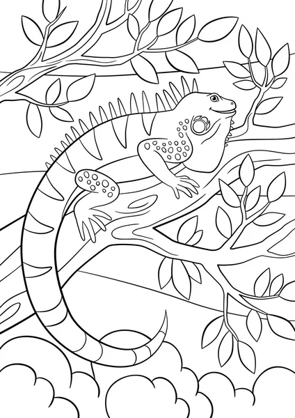 Coloring pages. Cute iguana sits on the tree branch. — Stock Vector