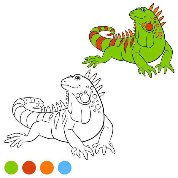 Color me: iguana. Linda iguana verde sonríe . — Vector de stock