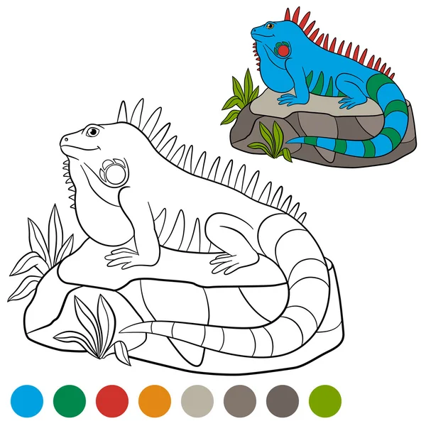 Color me: iguana. Cute blue iguana sits on the rock. — Stock vektor