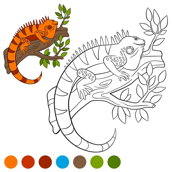 Color me: iguana. Cute orange iguana sits on the tree. — Stock vektor