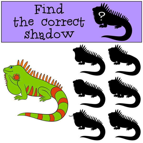 Educational game: Find the correct shadow. Cute green iguana.
