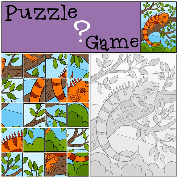 Juego de educación: Puzzle. Pequeña iguana linda se sienta en el árbol . — Vector de stock