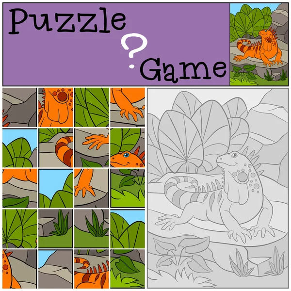 Education game: Puzzle. Little cute iguana sits on the rock. — Stockový vektor