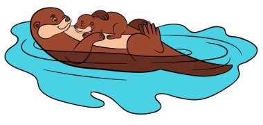 Karikatür hayvanlar. Onun uyuyan sevimli bebek ile anne su samuru yüzüyor.