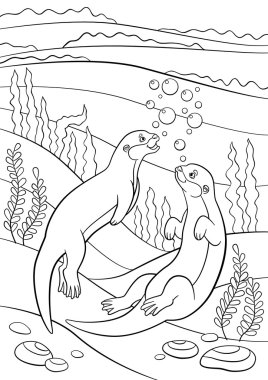 Coloring pages. Two little cute otters swim. clipart