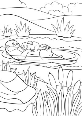 Boyama sayfaları. Anne su samuru bebeği ile yüzer.