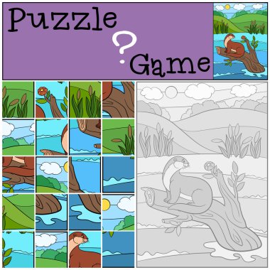 Eğitim oyun: Puzzle. Küçük şirin su samuru çiçeklere görünüyor.