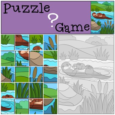 Eğitim oyun: Puzzle. Bebekle anne su samuru yüzüyor.