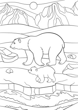 Boyama sayfaları. Anne kutup ayısı bebeği ile yürüyor.