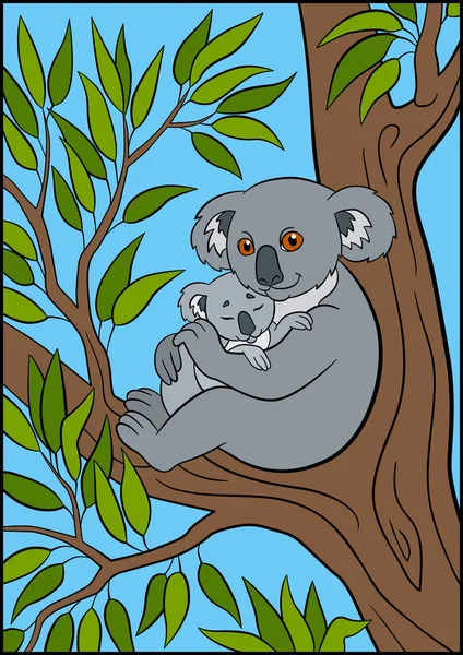 Cartoon animals. Mother koala holds her little cute baby. — Stock vektor