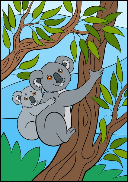 Cartoon animals. Mother koala with her little cute baby. — Stock vektor