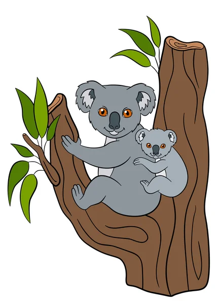 Cartoon animals. Mother koala sits with her little cute baby. — Stock Vector