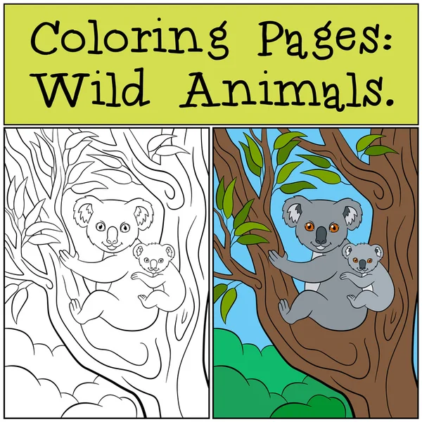 Dibujos para colorear: Animales salvajes. Madre koala con su lindo bebé . — Vector de stock