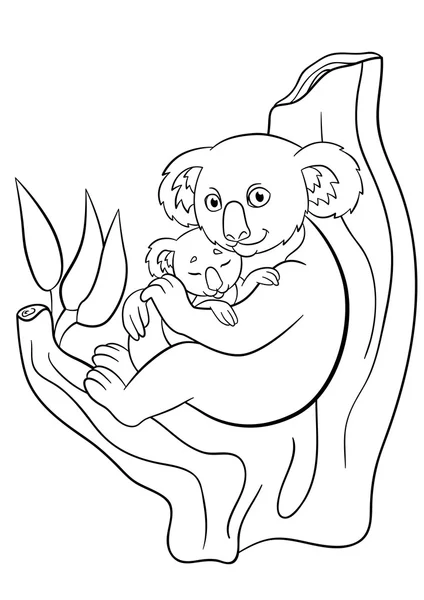 Coloring pages. Mother koala with her little cute sleeping baby. — Stock Vector