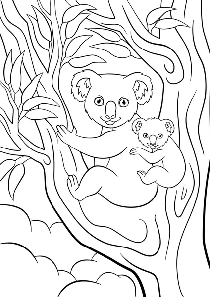 Coloring pages. Mother koala with her little cute baby. — ストックベクタ