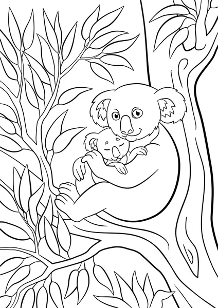 Coloring pages. Mother koala with her little cute sleeping baby. — Stockový vektor