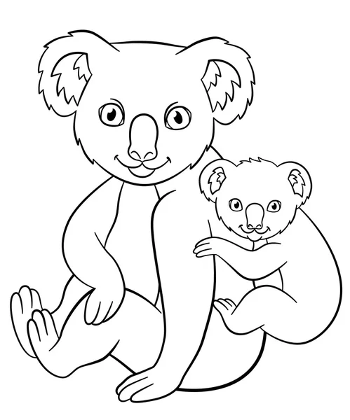 Coloring pages. Mother koala with her little cute baby. — ストックベクタ