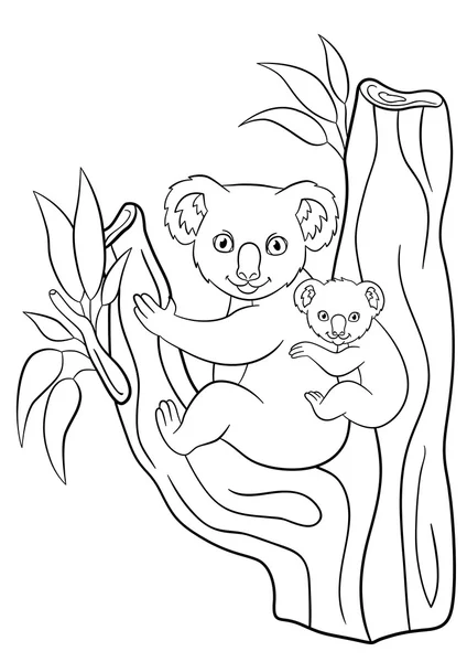 Coloring pages. Mother koala with her little cute baby. — ストックベクタ