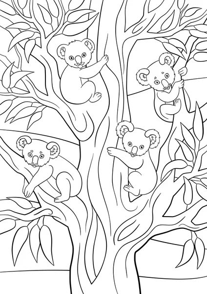 Páginas para colorir. Quatro bebês koala sentam-se na árvore . — Vetor de Stock