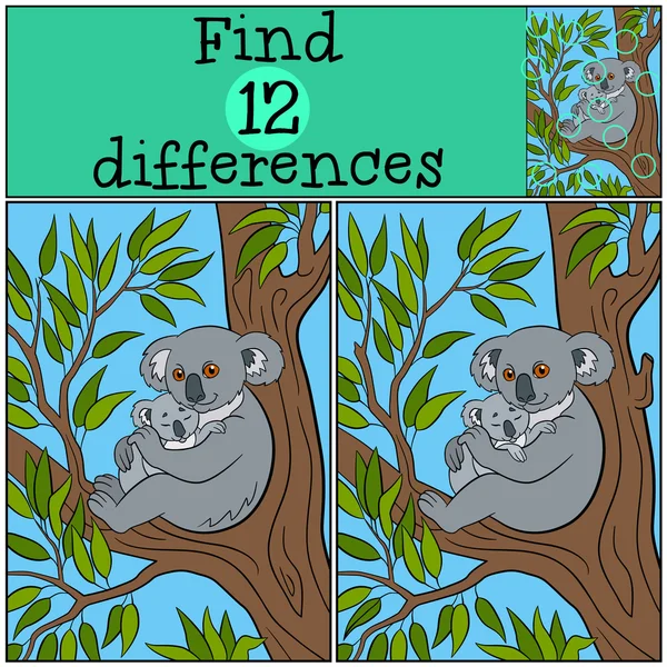 Educational game: Find differences. Mother koala with her cute b — Stockový vektor