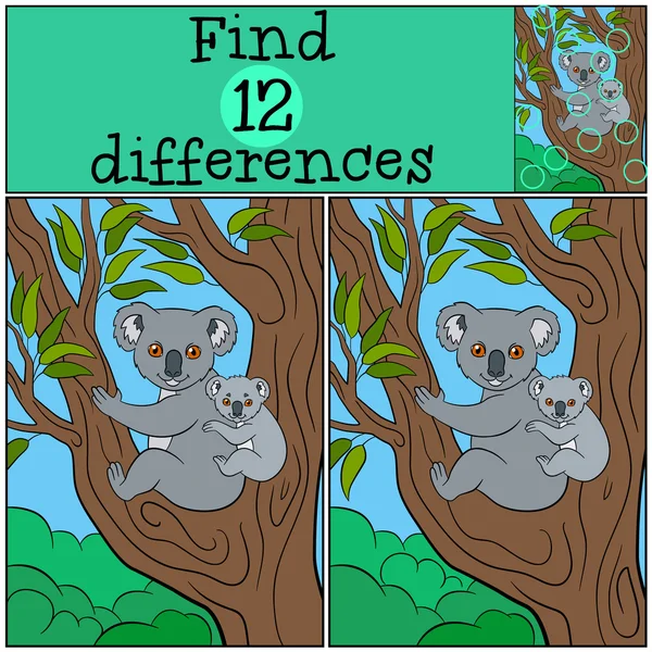 Educational game: Find differences. Mother koala with her cute b — Διανυσματικό Αρχείο