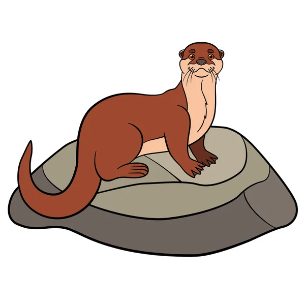 Cartoon animals. Little cute otter stands on the stone. — Stockový vektor