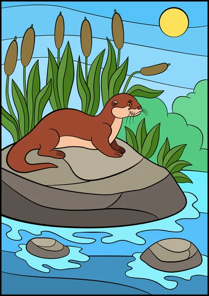 Cartoon animals. Little cute otter stands on the stone. — Stock vektor