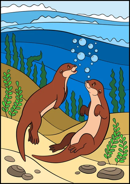 Cartoon animals. Two little cute otters swim in the river. — Stock vektor