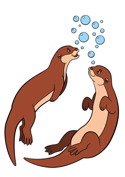 Cartoon animals. Two little cute otters swim. — Stock Vector