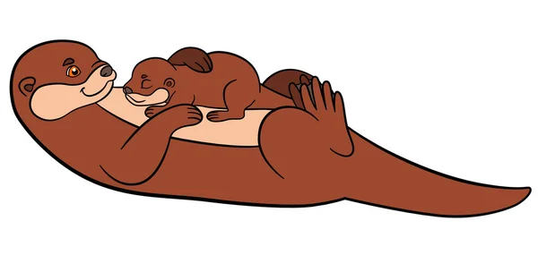 Tekenfilm dieren. Moeder otter zwemt met haar slapende baby. — Stockvector