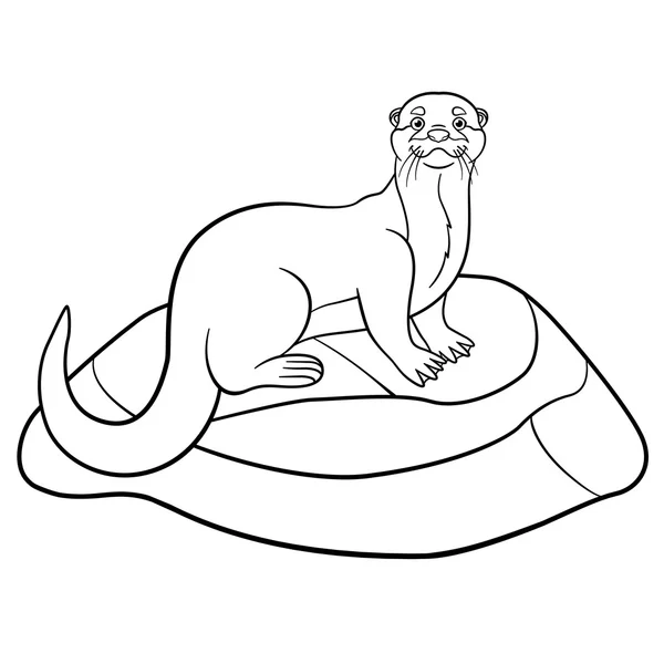 Coloring pages. Little cute otter stands on the stone. — Stock vektor