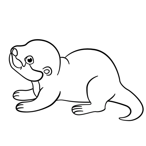 Coloring pages. Little cute baby otter smiles. — Διανυσματικό Αρχείο