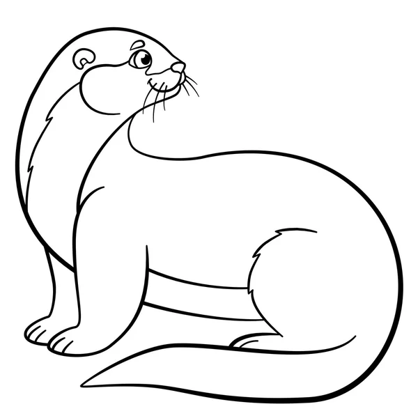 Coloring pages. Little cute otter smiles. — ストックベクタ