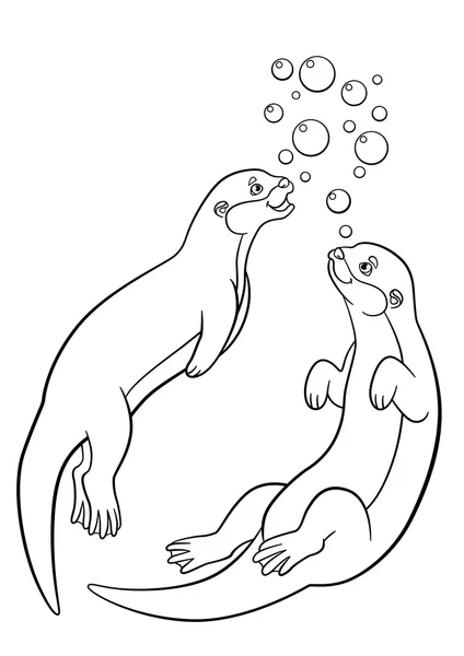 Coloring pages. Two little cute otters swim. — Stock vektor