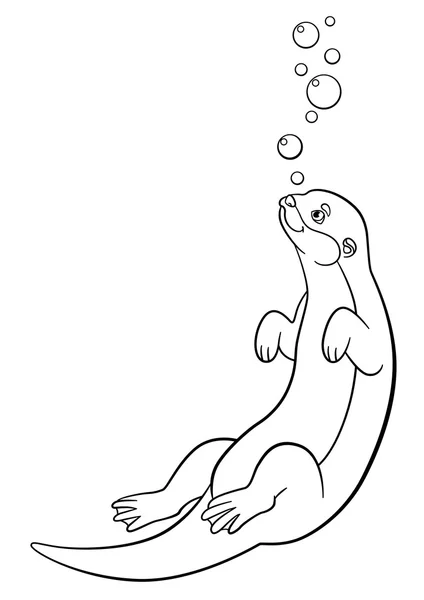 Coloring pages. Little cute otter swims. — Stockový vektor