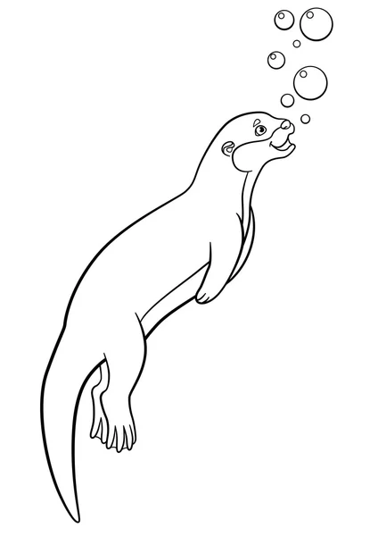 Coloring pages. Little cute otter swims. — Stock vektor