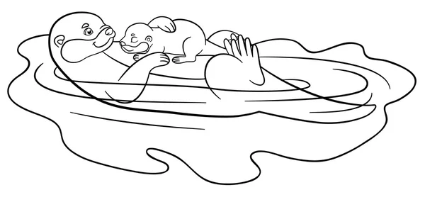 Окраска страниц. Мать-выдра плавает со своим милым ребенком . — стоковый вектор