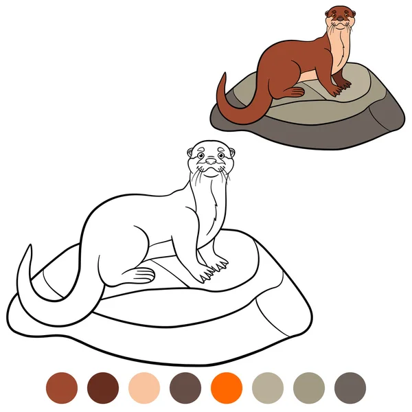 Coloring page. Little cute otter stands on the stone. — Stock vektor