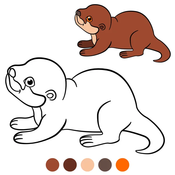 Coloring page. Little cute baby otter smiles. — Stock vektor