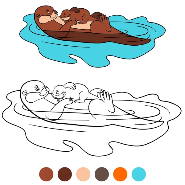 Coloring page. Mother otter swims with her little cute baby. — Stock vektor