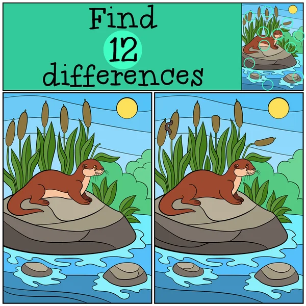 Lernspiel: Unterschiede finden. Kleine süße Fischotter lächelt. — Stockvektor