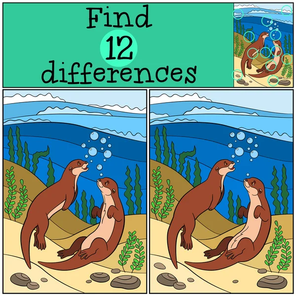 Juego educativo: Encuentra diferencias. Dos nutrias lindas nadan . — Vector de stock