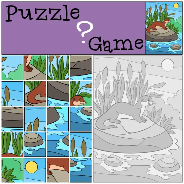 Education game: Puzzle. Little cute otter smiles. — Stock vektor