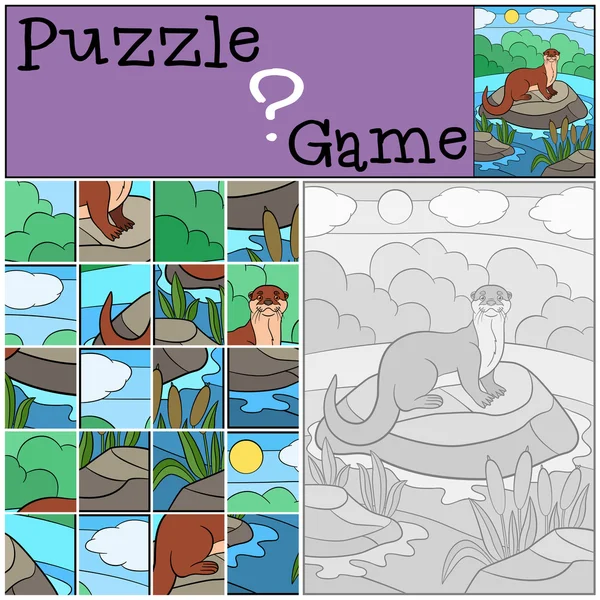 Educazione gioco: Puzzle. Piccola lontra carina sorride . — Vettoriale Stock